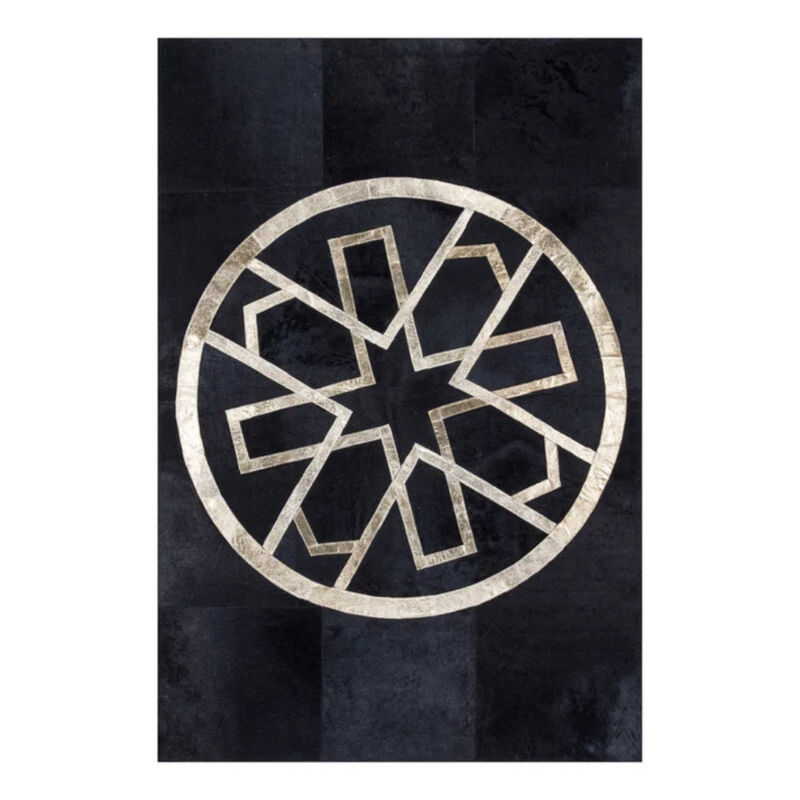 Black Cowhide Patchwork Rug Gold Geometric Design image number 0