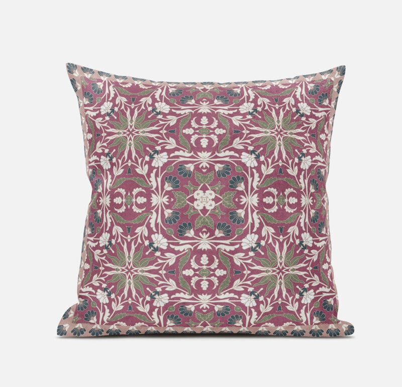Homezia 20"Magenta White Paisley Zippered Suede Throw Pillow image number 1