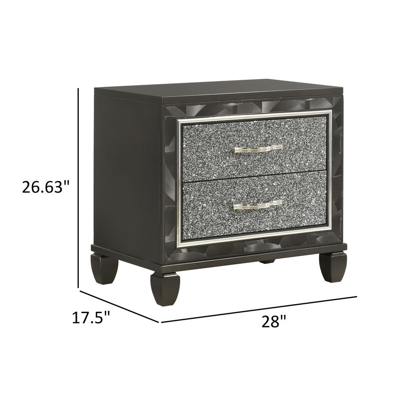Ren 28 Inch Nightstand with 2 Glitter Front Storage Drawers, Black, Silver - Benzara