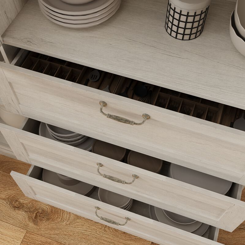 FUFU&GAGA Sleek Grey Wood Grain Storage Cabinet with Glass Doors and Drawers, Shelves, Anti-Tip Safety 47.2 in. L x 15.5 in. W x 79.9 in. H