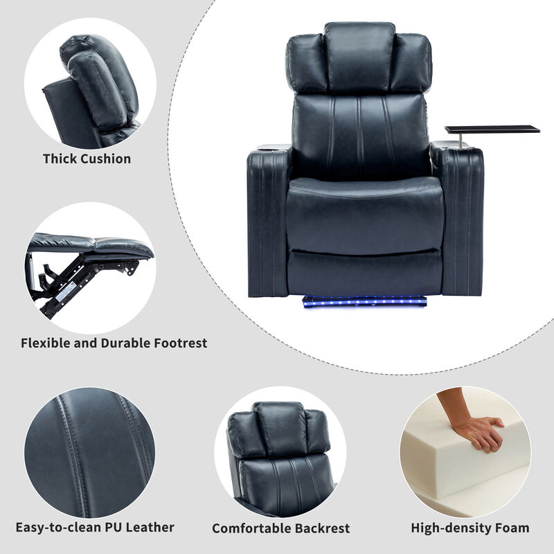 Whisen PU Leather Power Recliner with Cup Holder, Bluetooth Speaker, LED Lights, USB Ports, Tray Table and Arm Storage