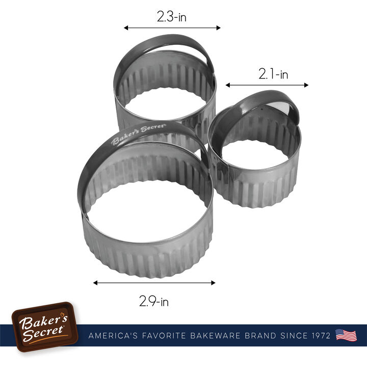 Baker's Secret 3x Cookie Cutter Set, Stainless Steel Dishwasher Safe Set of 3 Cookie Cutter Set, Baking Essentials, Silver