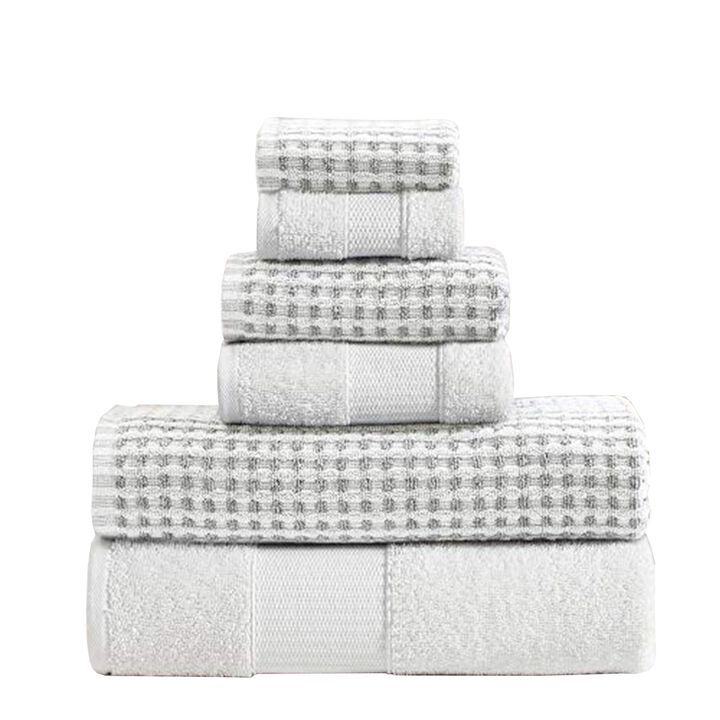 Porto 6 Piece Dual Tone Towel Set with Jacquard Grid Pattern The Urban Port, White-Benzara