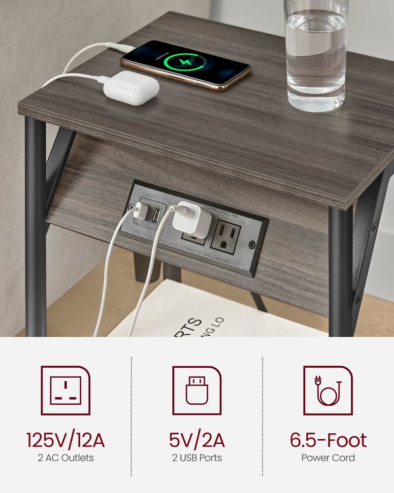End Table Duo with Built-In Charger &ndash; Set of 2 Tables with USB Ports and AC Power Outlets for Living Spaces