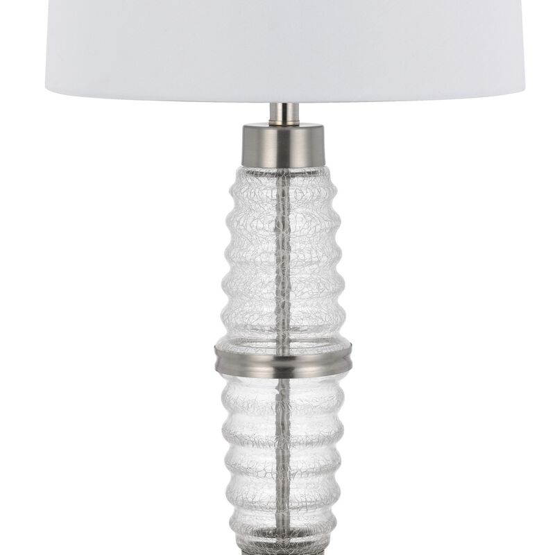 Maci 29 Inch Table Lamp, Accent Crackled Clear Glass, White Drum Shade - Benzara
