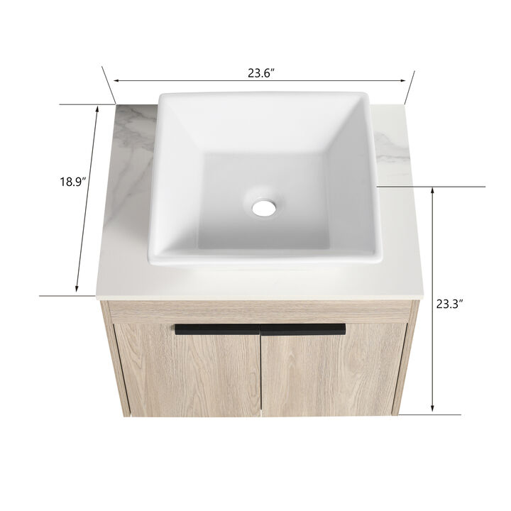 24 " Modern Design Float Bathroom Vanity With Ceramic Basin Set, Wall Mounted White Oak Vanity With Soft Close Door, KD-Packing, KD-Packing,2 Pieces Parcel(TOP-BAB101MOWH)