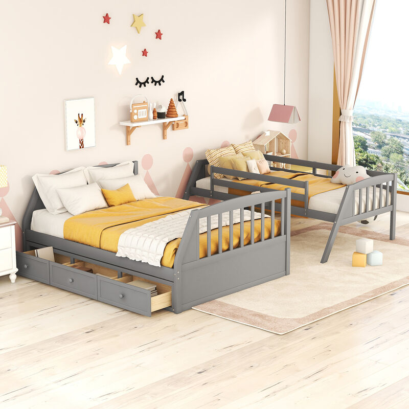 Whisen Twin-Over-Full Bunk Bed with Drawers, Ladder and Storage Staircase- Gray