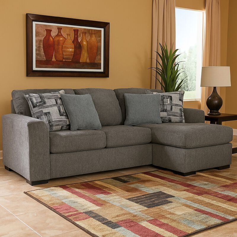 Iqay Sectional Sofa Chaise, 4 Pillows, Pewter Gray Polyester 101 Inch