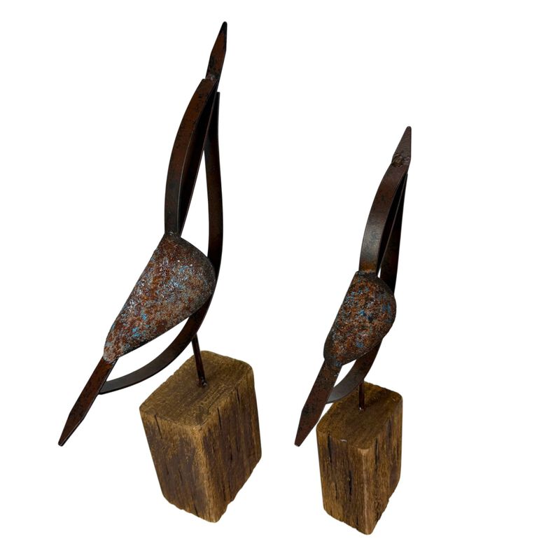 Abstract Bird Statues Set Of 2 Rustic Wood Metal Tabletop Sculptures 1325in image number 3