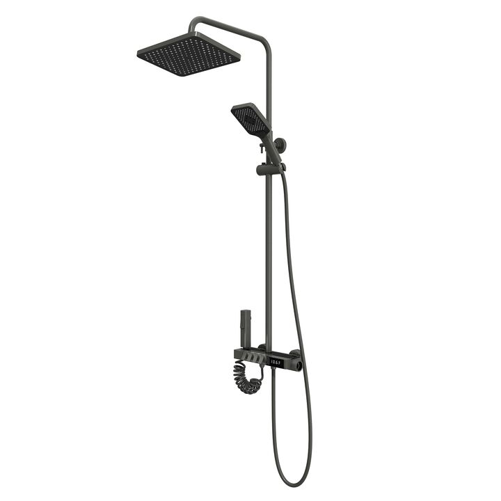 FUFU&GAGA Modern Shower System with Copper Valve Core, 201 Stainless Steel Pipe, PVC Spray Heads, and Fahrenheit Temperature Display, Complete Bathroom Fixture, (11.8" L x 7.9" W x 46.7" H), Black