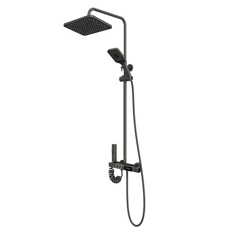 FUFU&GAGA Modern Shower System with Copper Valve Core, 201 Stainless Steel Pipe, PVC Spray Heads, and Fahrenheit Temperature Display, Complete Bathroom Fixture, (11.8" L x 7.9" W x 46.7" H), Black