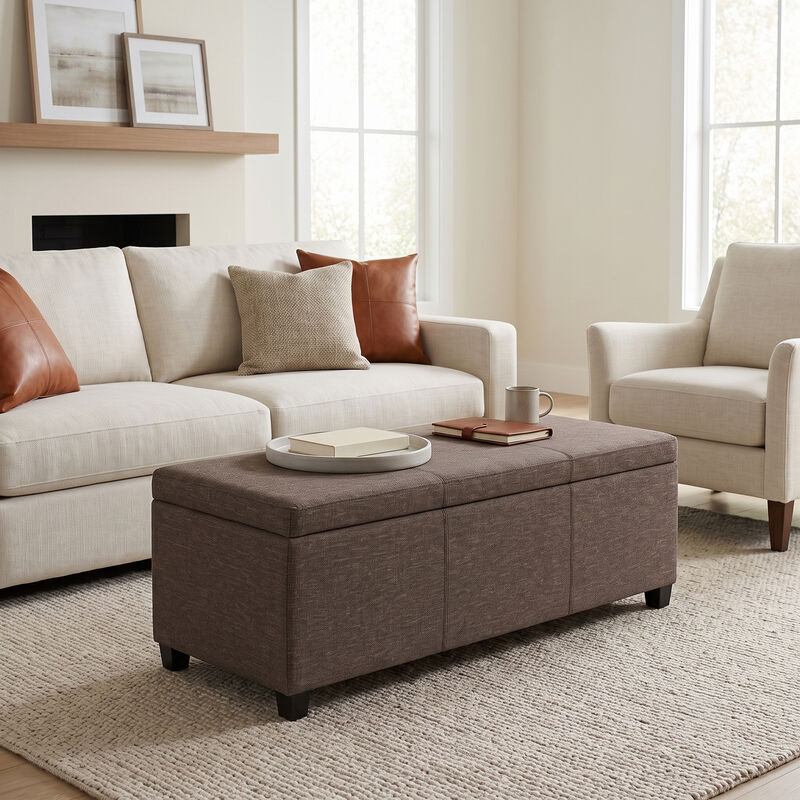 Avalon 48 inch Wide Contemporary Rectangle Storage Ottoman Bench in Fawn Brown Linen Look Fabric, Assembled image number 1