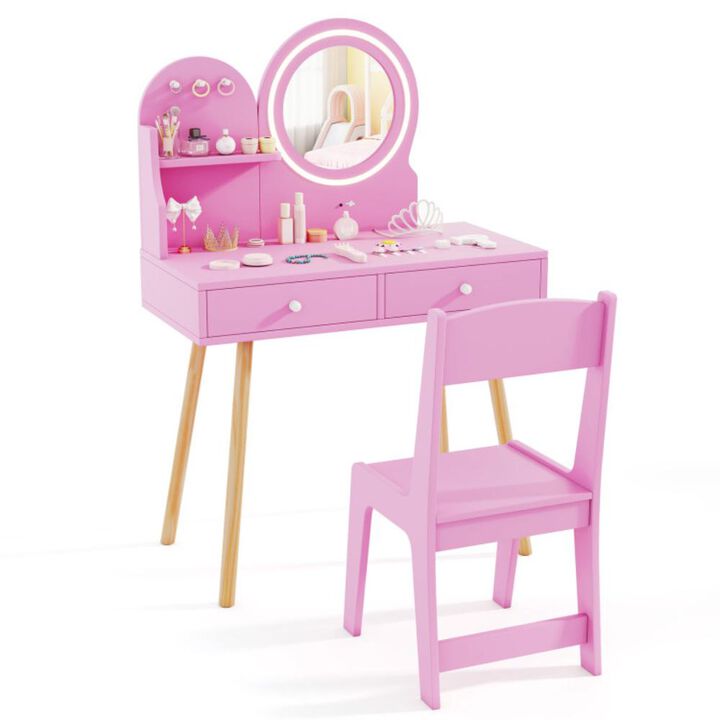 Hivvago Kids Princess Makeup Dressing Desk and Chair Set with Mirror and Lights