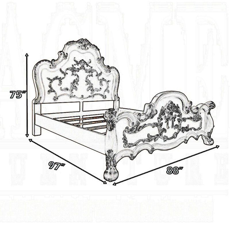 Ally California King Bed, Decorative Carved Inlay, Bone White Wood