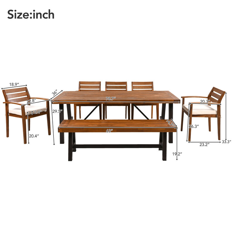Whisen 7 Pieces Outdoor Dining Set, Ergonomic Chairs & Bench, Thicker Table with Removable Cushions image number 9