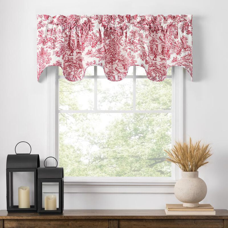 Ellis Curtain Victoria Park Toile High Quality Room Darkening Solid Color Lined Scallop Window Valance - 70 x15" Red