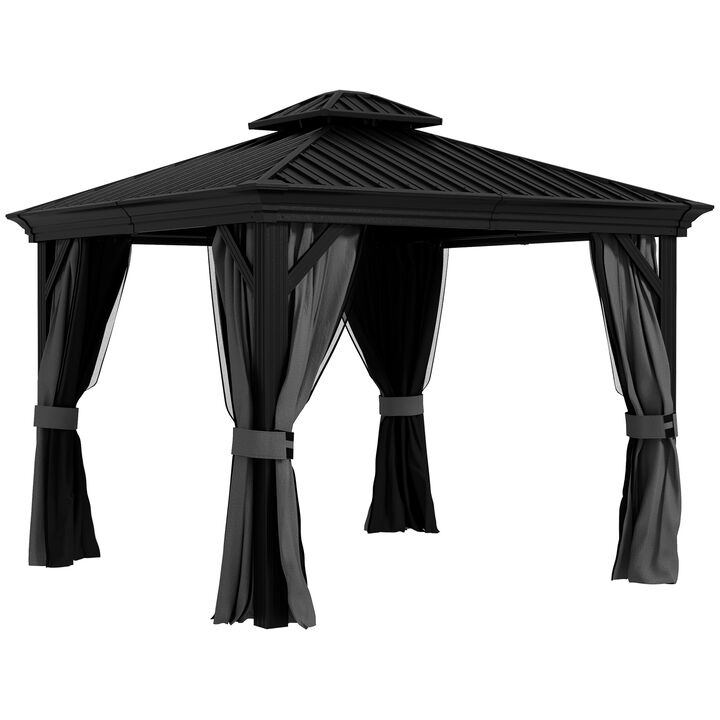 Outsunny 10' x 10' Hardtop Gazebo with Curtains and Netting, Permanent Pavilion Metal Roof Gazebo Canopy with Aluminum Frame and Hooks, for Garden, Patio, Backyard, Light Gray