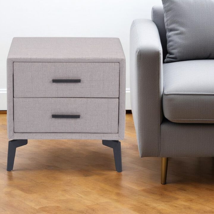 HomeRoots 20" Gray and Black Fabric Wood and Steel End Table With Two Drawers