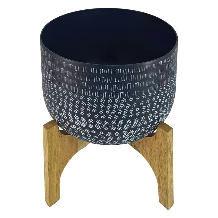 Alex 12 Inch Artisanal Industrial Round Hammered Metal Planter Pot with Wood Arch Stand, Midnight Blue-Benzara