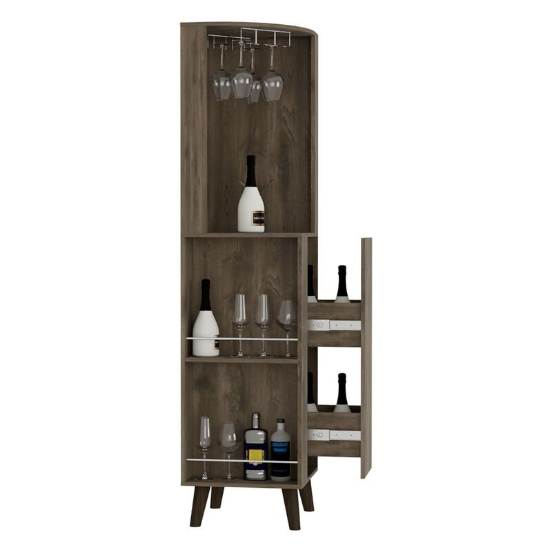 Cincinatti Corner Bar Cabinet, Cup Rack, Two External Shelves, One Drawer, Four Legs -Dark Brown