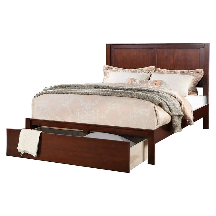 Kali Platform King Size Bed, Panel Design, 1 Storage Drawer, Cherry Brown - Benzara
