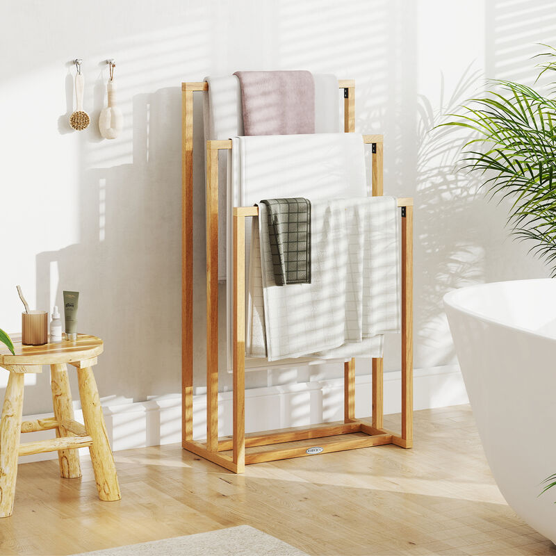 3-Tier Teak Bathroom Towel Holder with Crossbars &ndash; Freestanding Storage Rack image number 2