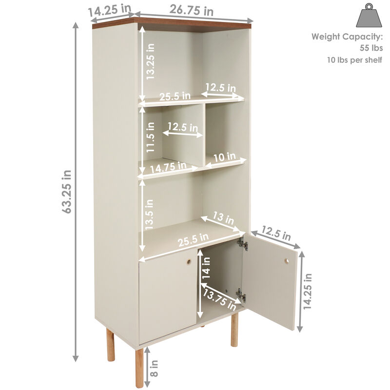 Sunnydaze Mid-Century Modern 5-Shelf Bookshelf with Storage Cabinet - Latte