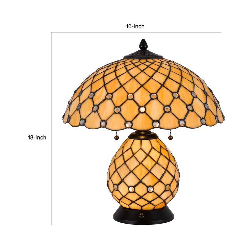 18 Inch Table Lamp, Pedestal, Tiffany Style Stained Glass, LED, Black Metal - Benzara