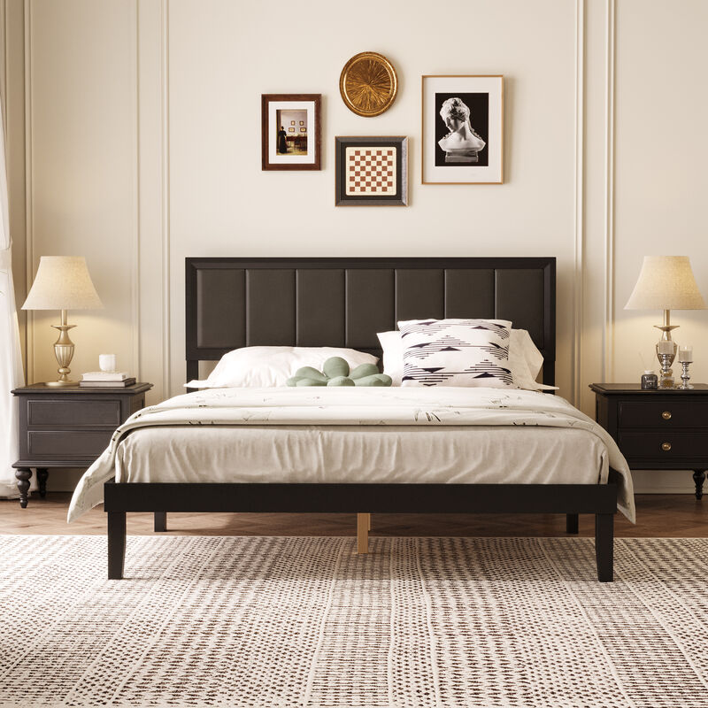 FUFU&GAGA Modern Upholstered Solid Wood Bed Frame in Black, Rubberwood Platform Bed with Padded Linen Headboard and Plywood Slats, Queen Size, (82" L x 63.3" W x 40.9" H),Black