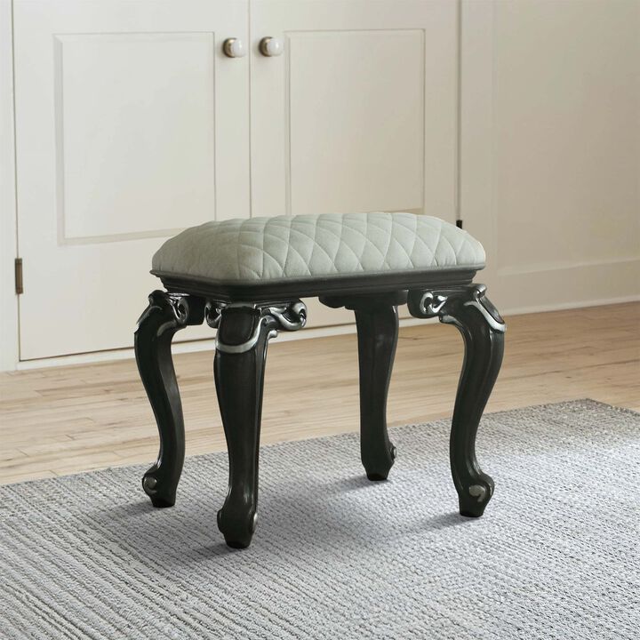 Backless Stool with Cushion Seat and Cabriole Legs, Gray and White - Benzara