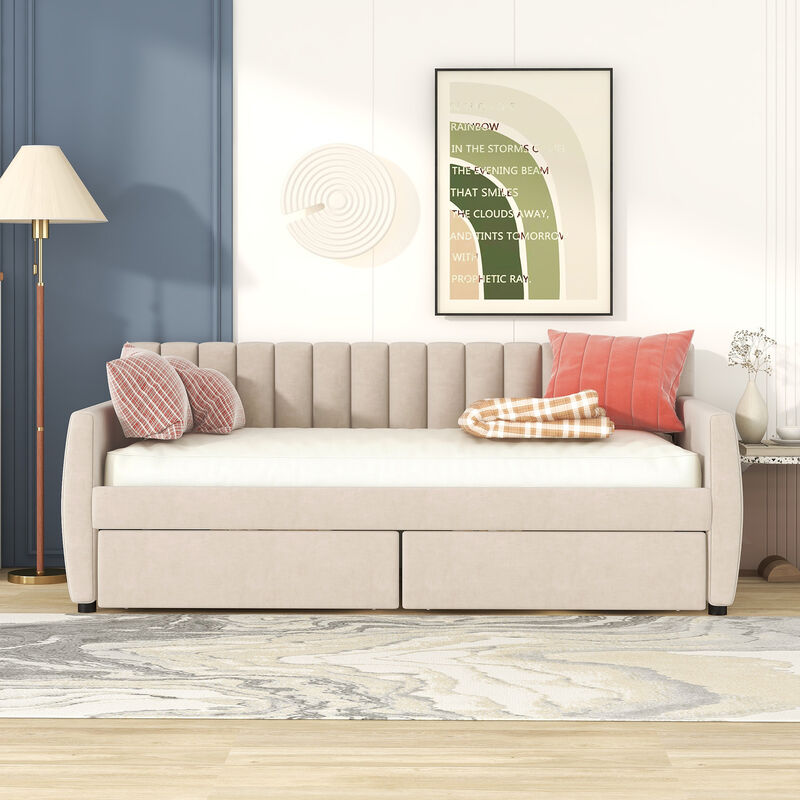 Upholstered daybed with Drawers, Wood Slat Support