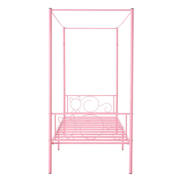 Twin Size Metal Canopy Bed Frame with Headboard, Heavy Duty Steel Slats - Pink