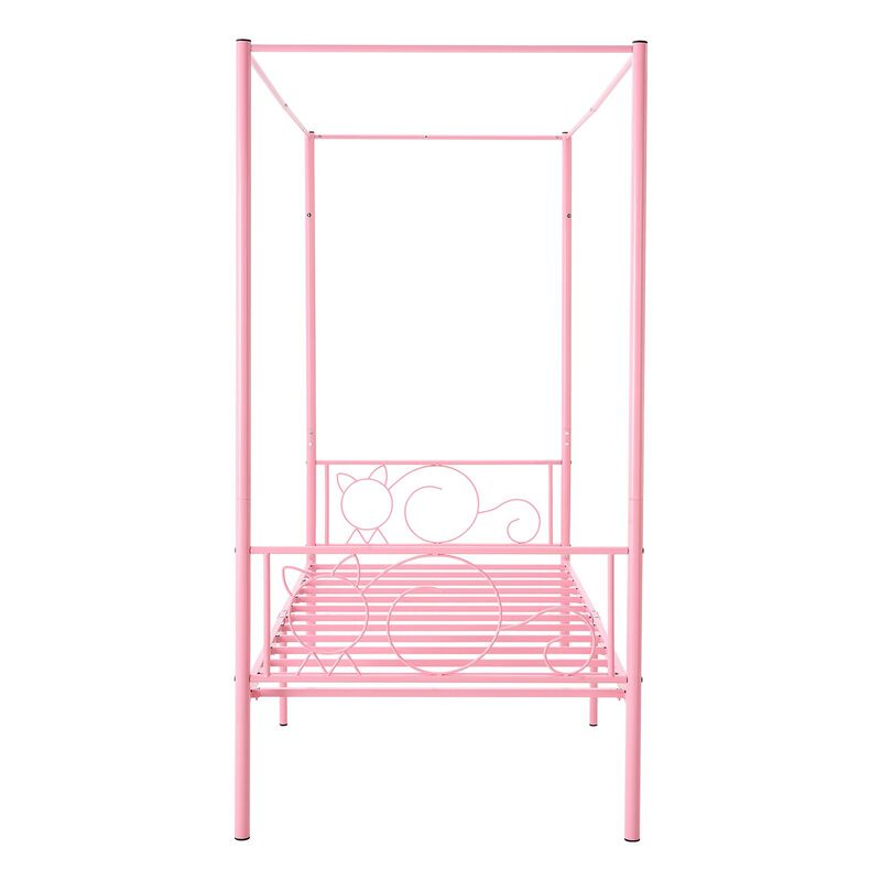 Twin Size Metal Canopy Bed Frame with Headboard, Heavy Duty Steel Slats - Pink image number 0