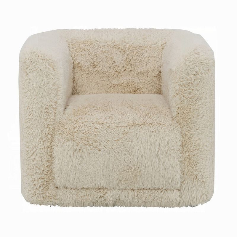 Savoir Swivel Accent Chair, Modern Soft Furry Beige Fabric, Round Arms