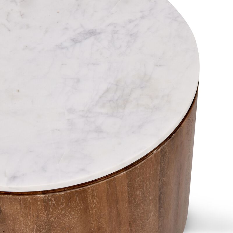 Yari Round Side End Table, White Marble Top, Brown Mango Wood 22 Inch