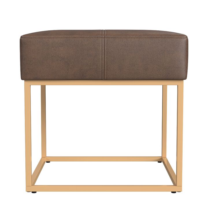 Kai Ottoman Footstool, Brown Faux Leather, Gold Metal, 18 Inch Square