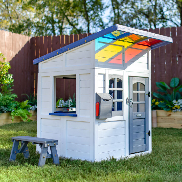 Teamson Kids Rainbow Shade Wooden Playhouse with Colorful Overhang, Flower Box and Bench, White