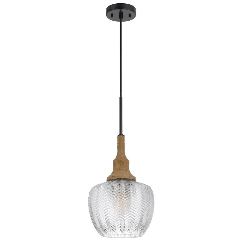 Pendant Light, Leaf Pattern Glass Shade, Burlap Rope Accent, Black Metal image number 4