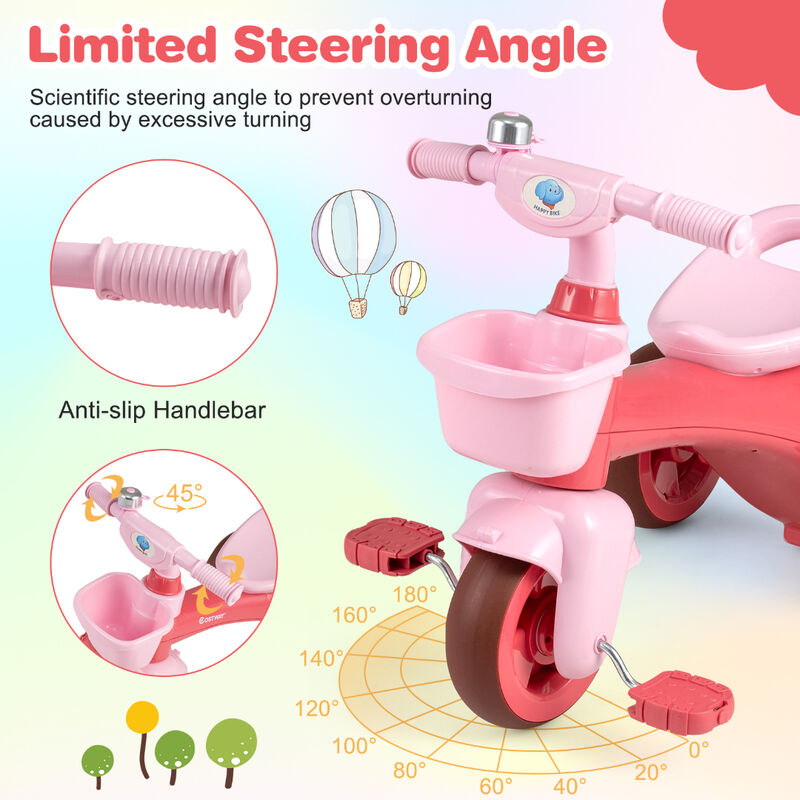 Toddler 3-Wheel Tricycle with Front Basket, Bell and Steering Control image number 3