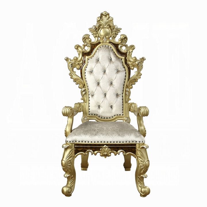 Mara Dining Armchair Set of 2, Crystal Tufted, Gold Floral Carvings  - Benzara