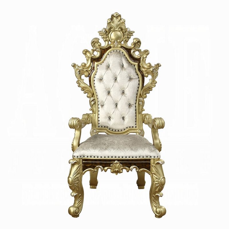Mara Dining Armchair Set of 2, Crystal Tufted, Gold Floral Carvings  - Benzara image number 1