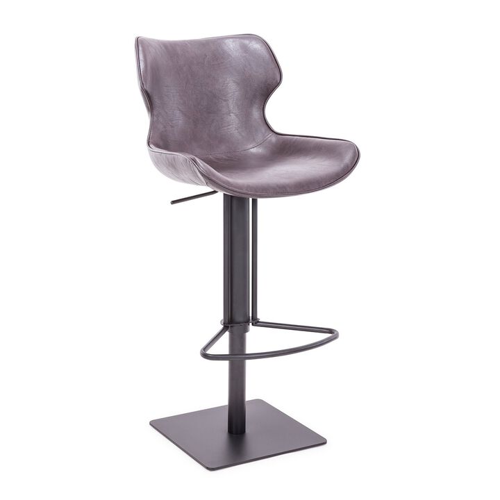 22-31 Inch Adjustable Height Barstool, Gray Vegan Faux Leather, Curved Back-Benzara