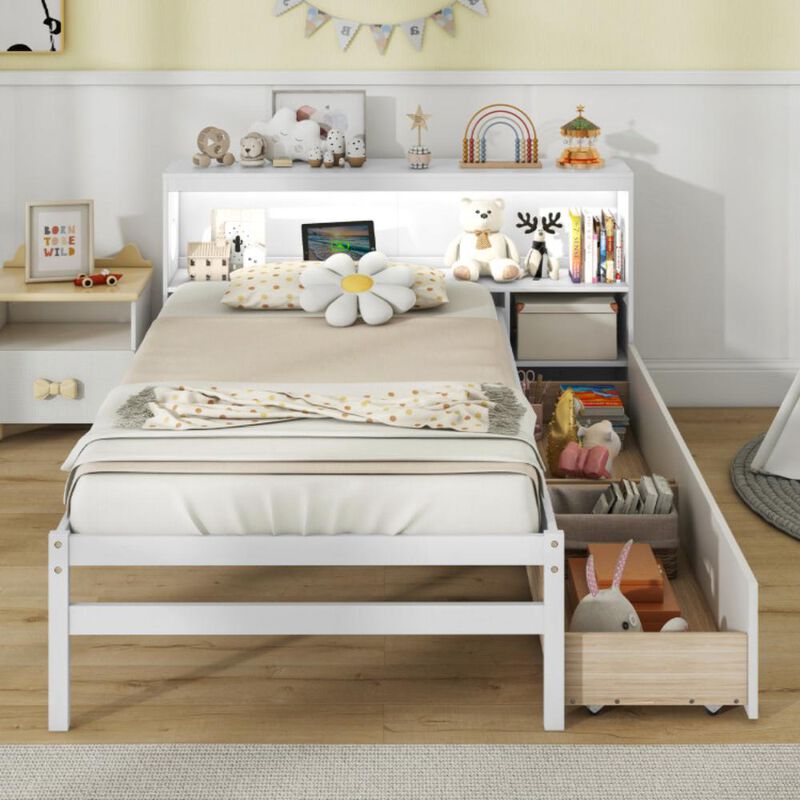 Hivvago Twin Size Bed Frame with LED Light and Bookcase Headboard