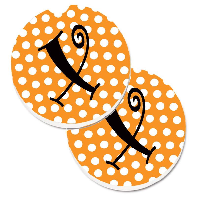 Caroline's Treasures Monogram Initial x Orange Polkadots Set of 2 Cup Holder Car Coasters CJ1033-XCARC, 2.56, Multicolor