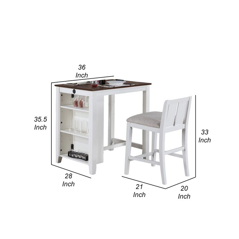 Ham 3 Piece Counter Height Compact Dining Table, Chair Set, White Wood - Benzara