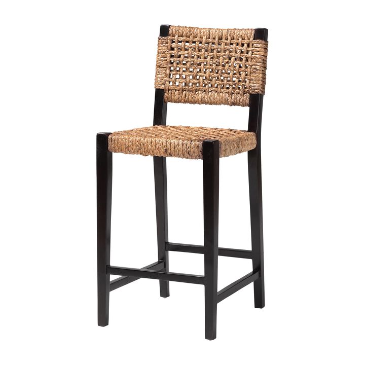 bali & pari Alise Handwoven Seagrass Bar Stool with Mahogany Wood Frame - Bar-Height Chair with Woven Back and Seat for Kitchen Island or Home Bar, Dark Brown
