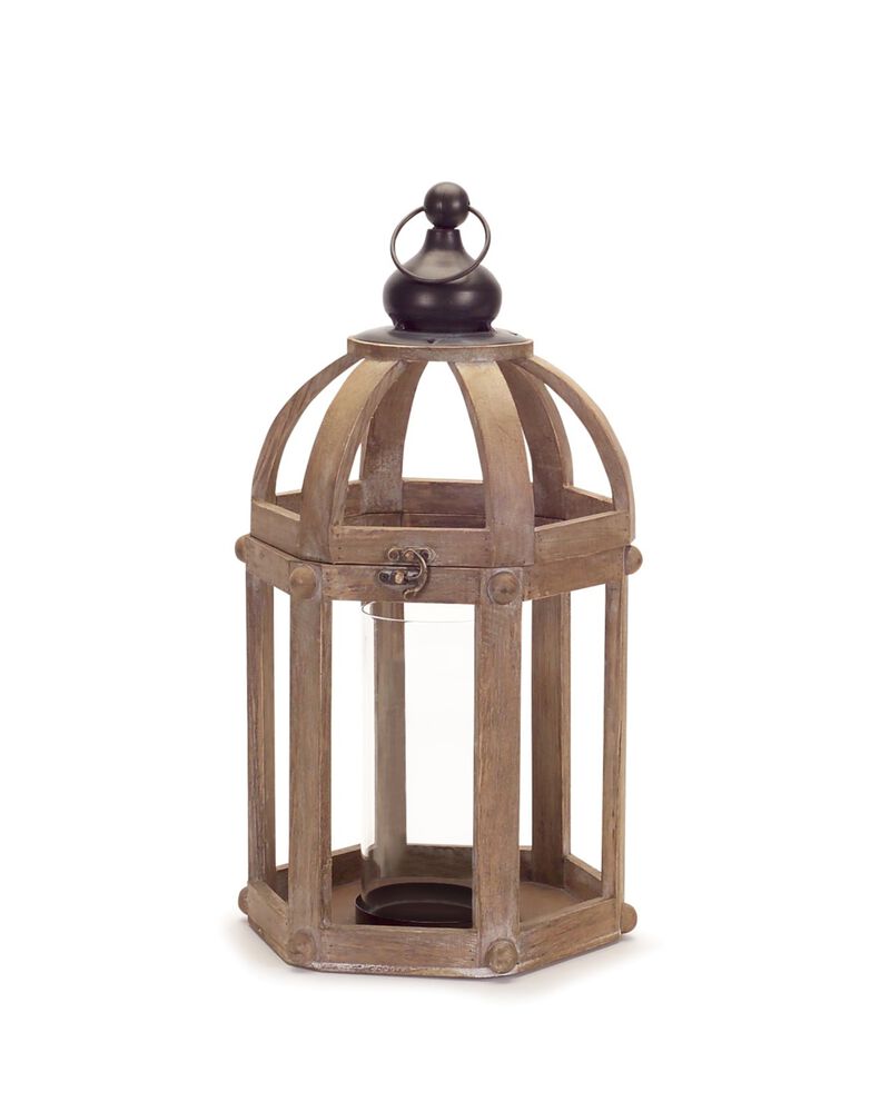 HomeRoots Set of Two Brown Distressed Wood And Glass Floor Lantern Candle Holders image number 3