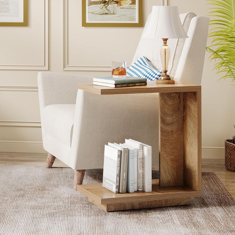 C Shaped End Wood Table with 2 Shelves, Slim Nightstand, Slides Over Sofa or Bed image number 3