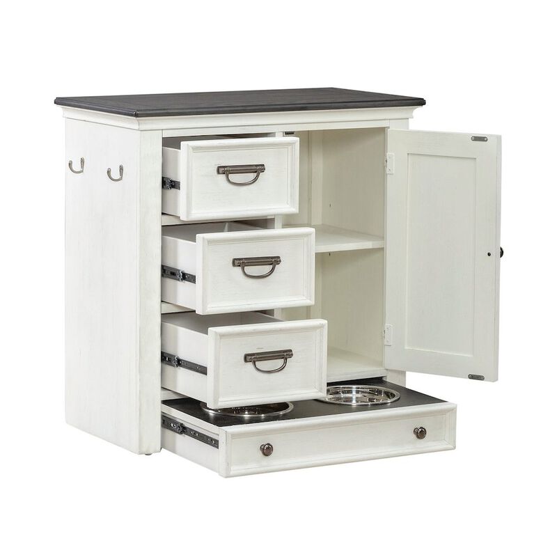 Liberty Furniture Cabinet Cottage Home Storage Pet Food Bowl Drawer - White w/ Charcoal Tops image number 5
