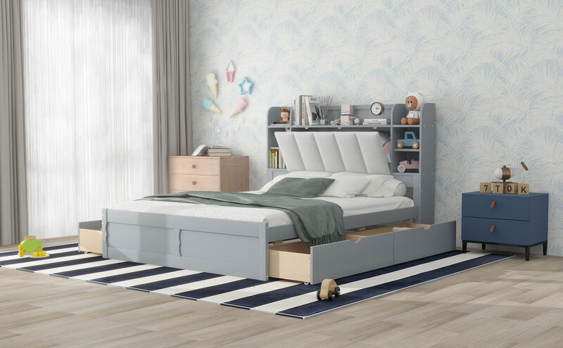 Wood Queen Size Platform Bed with Storage Headboard, Shelves and 4 Drawers, Gray